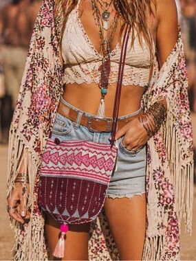 MR.CE NWT Etnic Pouch Woven Crossbody Bag Boho Tassel Festival  Pink‎ Burgundy
